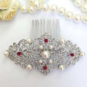 Silver crystal pearls Hair Comb with Dark red beads Edwardian Hair comb vintage headpiece Downton Abbey wedding Blood red bridal hair clip