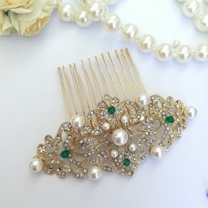 Gold emerald green crystal pearls Hair Comb Edwardian Hair comb vintage headpiece Downton Abbey wedding Emerald green bridal hair clip