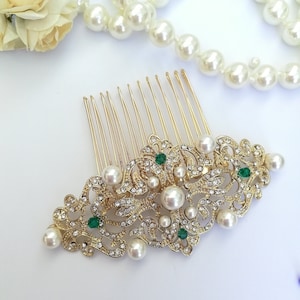 Perles de cristal vert émeraude dorées, peigne à cheveux édouardien, casque vintage, mariage de Downton Abbey, pince à cheveux de mariée vert émeraude