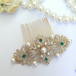 Gold emerald green crystal pearls Hair Comb Edwardian Hair comb vintage headpiece Downton Abbey wedding Emerald green bridal hair clip