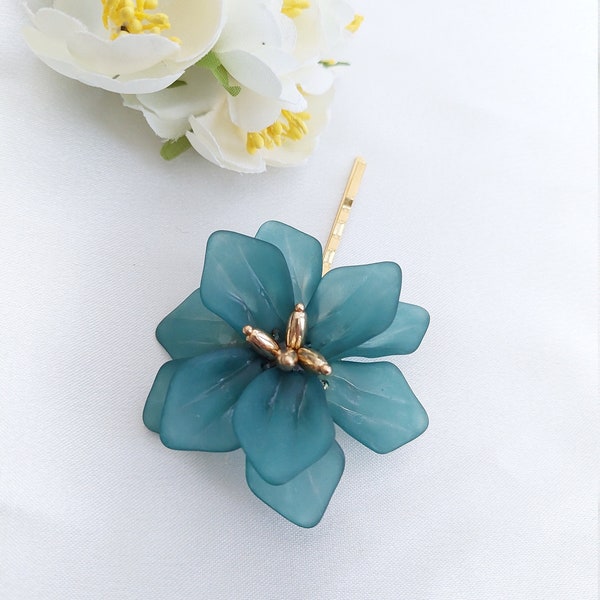 Turquoise flower hair pin Teal hair clip Teal lower hair piece Big flower hair pin Sea blue flower hair slide Unusual hair pin