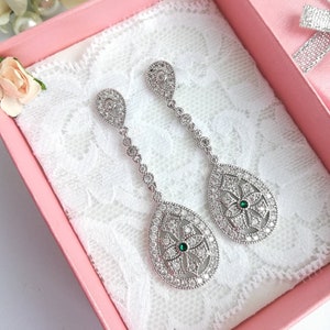 Elegant Zircon and Emerald Green Drop Earrings – Perfect present for Special Occasions