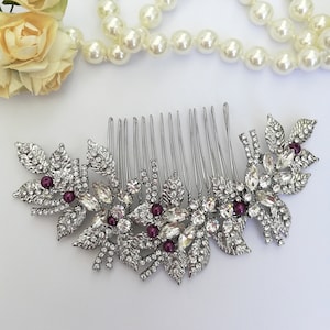 Big crystal flower hair piece with purple pearls Big silver hair clip semi flower wrath with eggplant pearls Purple aubergine hair clip