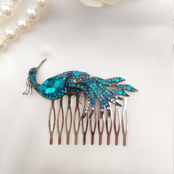 Turquoise peacock headpiece Turquoise rhinestone Hair Comb Turquoise headpiece Rhinestone peacock bridal hair comb Unusual phoenix hair clip