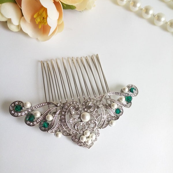 Silver green hair comb Emerald bridal hairpiece Dainty hair comb Flapper hair silver green wedding hair clip Art deco bride clip 1920 hair