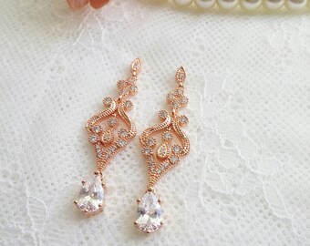 Rose gold Wedding earrings, Edwardian bridal earrings, Bride chandalier Earrings, red gold earrings, pink gold earrings, bridal jewelry