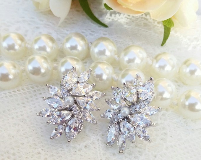 Crystal Earrings Zirconia Bridal Leaf Earrings Bride Stud - Etsy