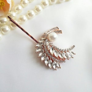 Pearl rose gold Hair pin Pearl blush hair Clip, Art Deco hair pin , rose pink wedding hair clip, rose gold pearl bridal hair grip rhinestone