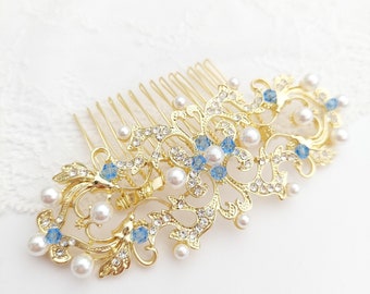 Sky blue Moira - Gold Art Deco Hair Comb with pearls. Recommended by many customers: Lovely and great quality. Bestseller this year.