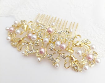 Pearl pink Moira - Gold Art Deco Hair Comb with pearls. Recommended by many customers: Lovely and great quality. Bestseller this year.