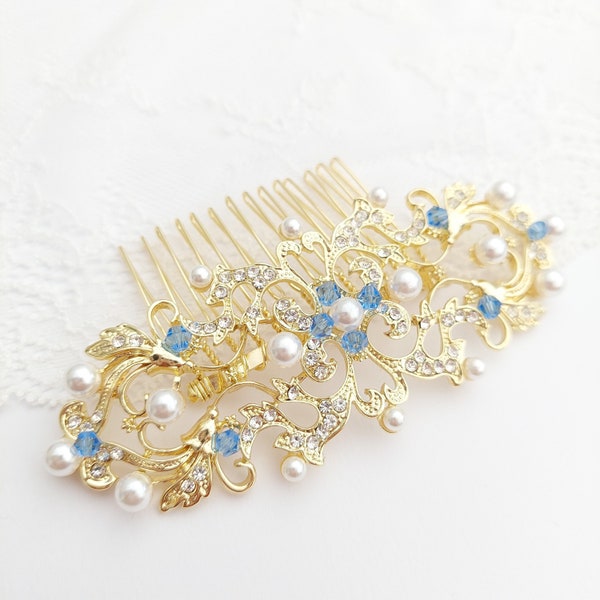 Moira azul cielo - Peineta Art Deco dorada con perlas. Recomendado por muchos clientes: Precioso y de gran calidad. Superventas de este año.