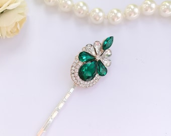 Emerald green hair pin, jewel hair pin, green wedding hair piece, green bridal pin, emerald hair pin, Vintage headpiece, emerald Baroque pin