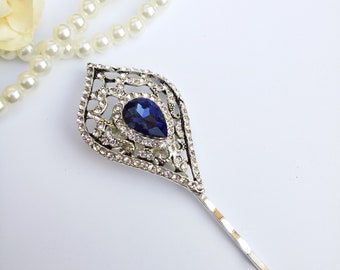 Sapphire blue vintage hair pin Jewel hair pin Blue wedding hair piece Blue bridal pin blue hair clip Vintage silver hair Sapphire hair grip