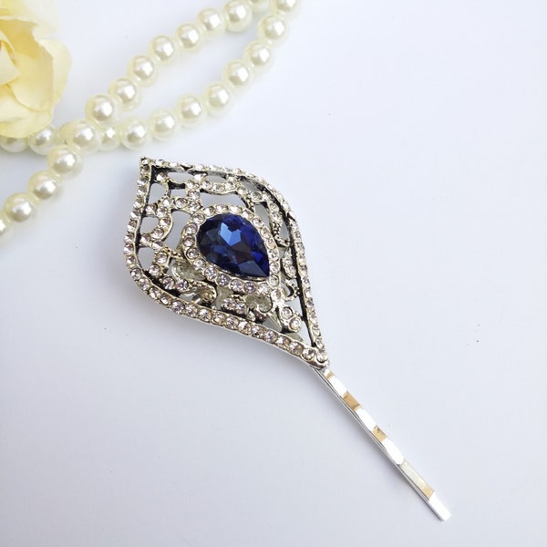 Sapphire blue vintage hair pin Jewel hair pin Blue wedding hair piece Blue bridal pin blue hair clip Vintage silver hair Sapphire hair grip