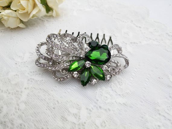 Vintage Green Hair Comb Vintage Green Rhinestone Hair Comb, Green Moonglow Hair Comb  main image 3