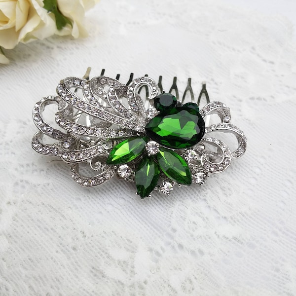 Green crystal Hair Comb, crystal green hair pin, Vintage hair piece, green wedding hair comb, green bridal comb, rhinestone bride hair comb