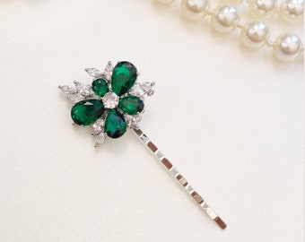 Green Swarovski hair pin Green floral hair clip Emerald Green flower pin Present for bride Green hair slide Something green for bride