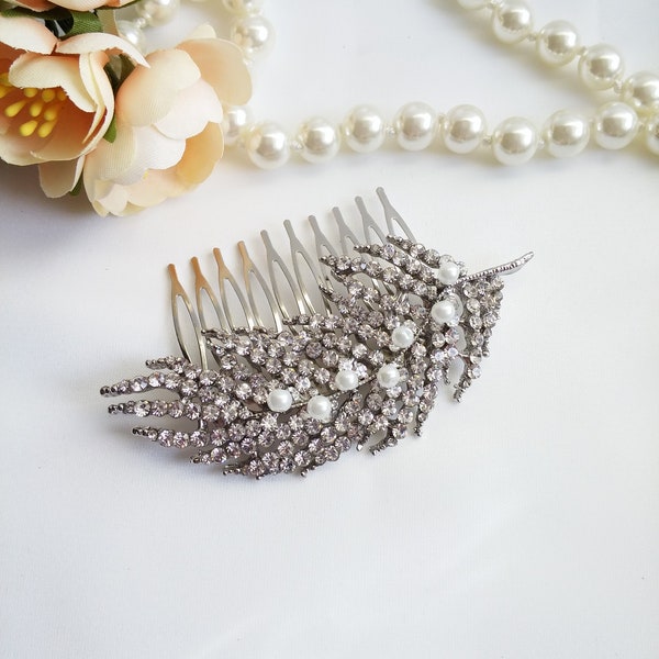 Silver crystal feather Hair Comb, Crystal leaf comb, pearl feather wedding hair comb, pearl hair piece comb, 39