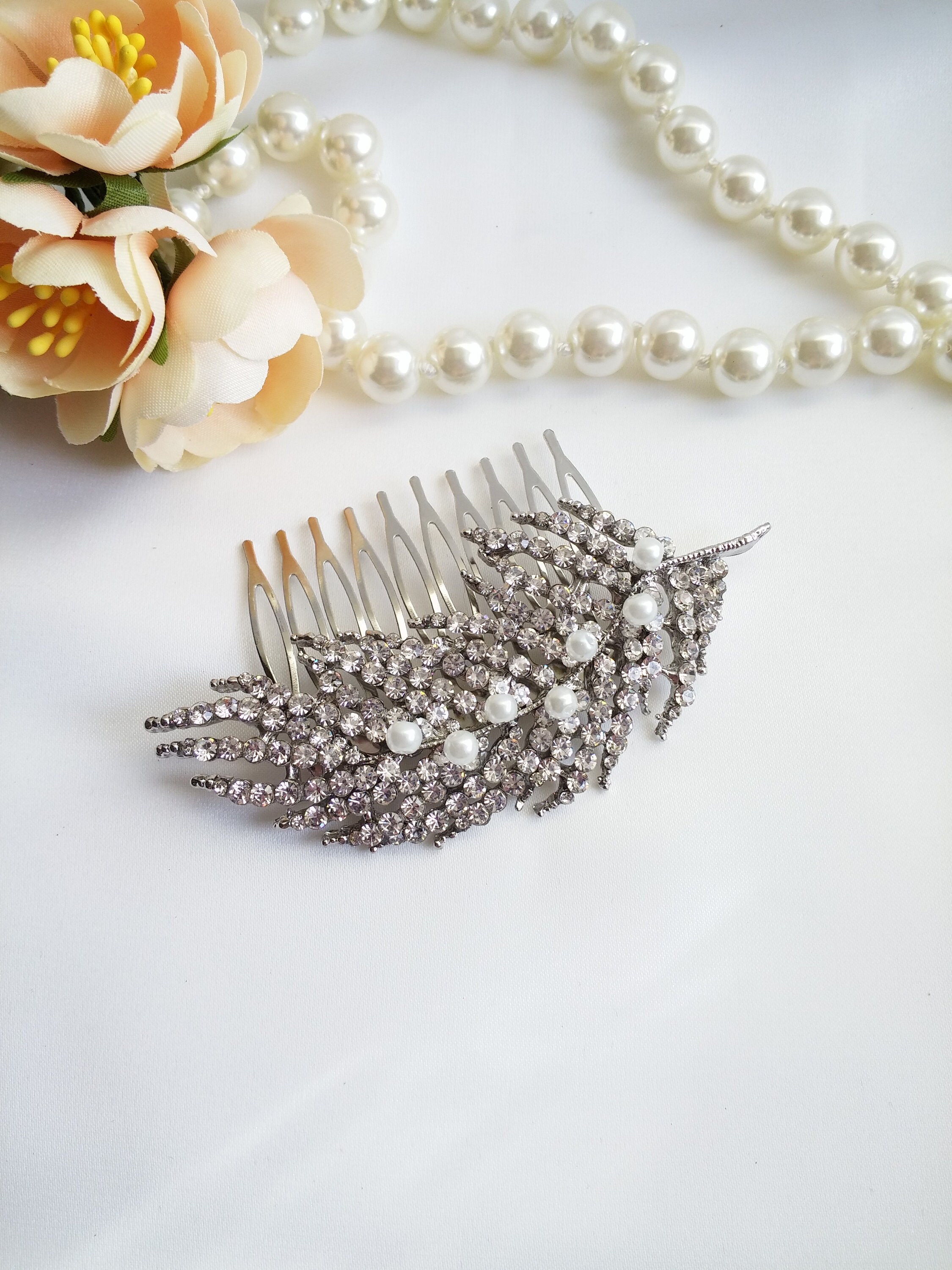 Silver Crystal Feather Hair Comb, Crystal Leaf Comb, Pearl  display picture 3