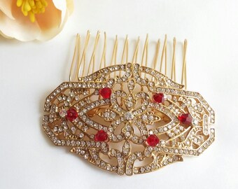 Gold crystal red Hair Comb Small Gold hair clip Gold bridesmaids hair comb 20's 30's Wedding Bridesmaid Art Deco head piece SALE