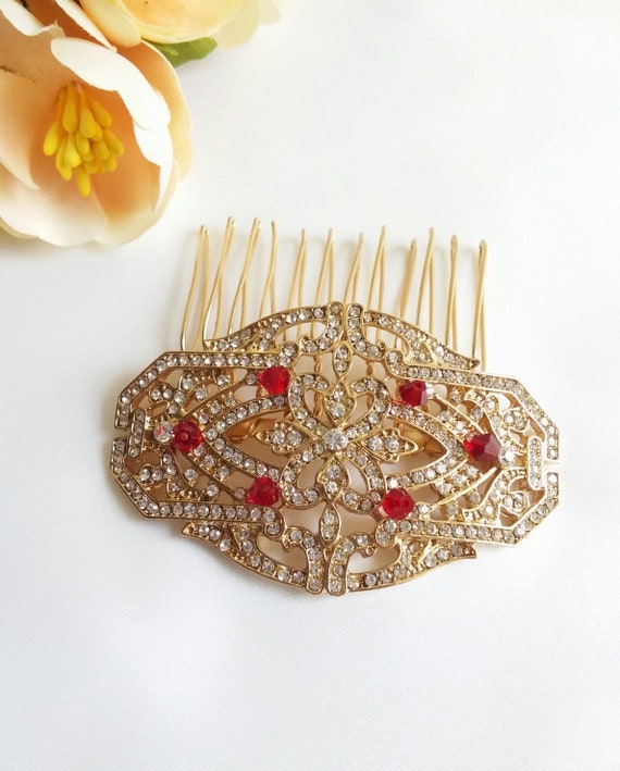 Gold Crystal Red Hair Comb Small Gold Hair Clip Gold  display picture 2