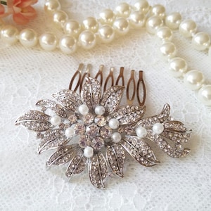 Flor de plata con perlas Peine de pelo flor de pedrería Clip de pelo Tocado de perla de pedrería de cristal Clip de pelo de boda Perla nupcial 41