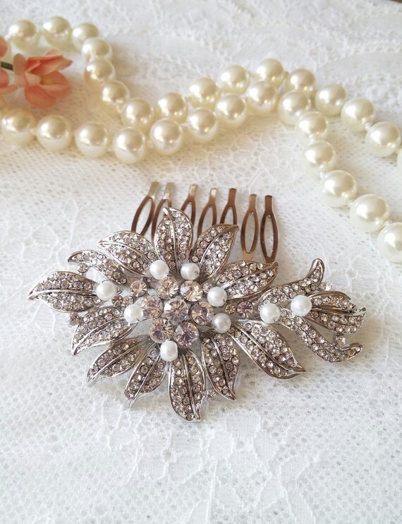 Beaded pearl rhinestone comb hair clip bridal wedding white silver floral flower Leaf Bride Wedding Hair Comb Rhinestone Pearl Bridal Hair  main image 4