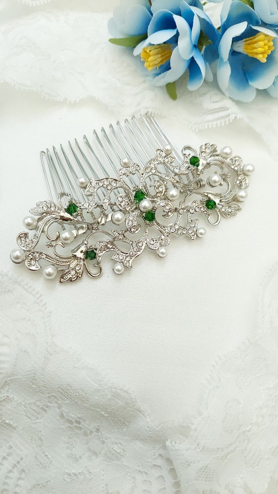 Silver and Green Jeweled Hair Clip Flower Hair Clip Silver Green Rhinestone Bride Wedding Hair  main image 4