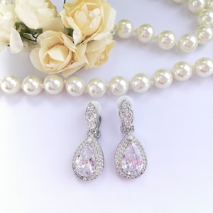 Crystal clear clip on earrings, zirconia bridal earrings Bride dangling earrings wedding earrings  princess earrings