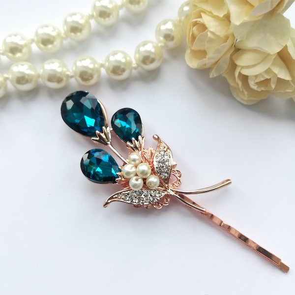 Turquoise pink gold hair pin Jewel flower hair clip Rose gold turquoise wedding hair piece teal flower hair clips, red gold hair pins OOAK