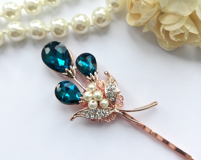 Turquoise Pink Gold Hair Pin Jewel Flower Hair Clip Rose Gold Etsy