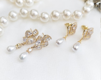 Pendientes de boda, pendientes de novia de cristal, pendientes de araña de novia, joyas de boda de perlas, pendientes CZ, joyas de novia, zirconia AAA
