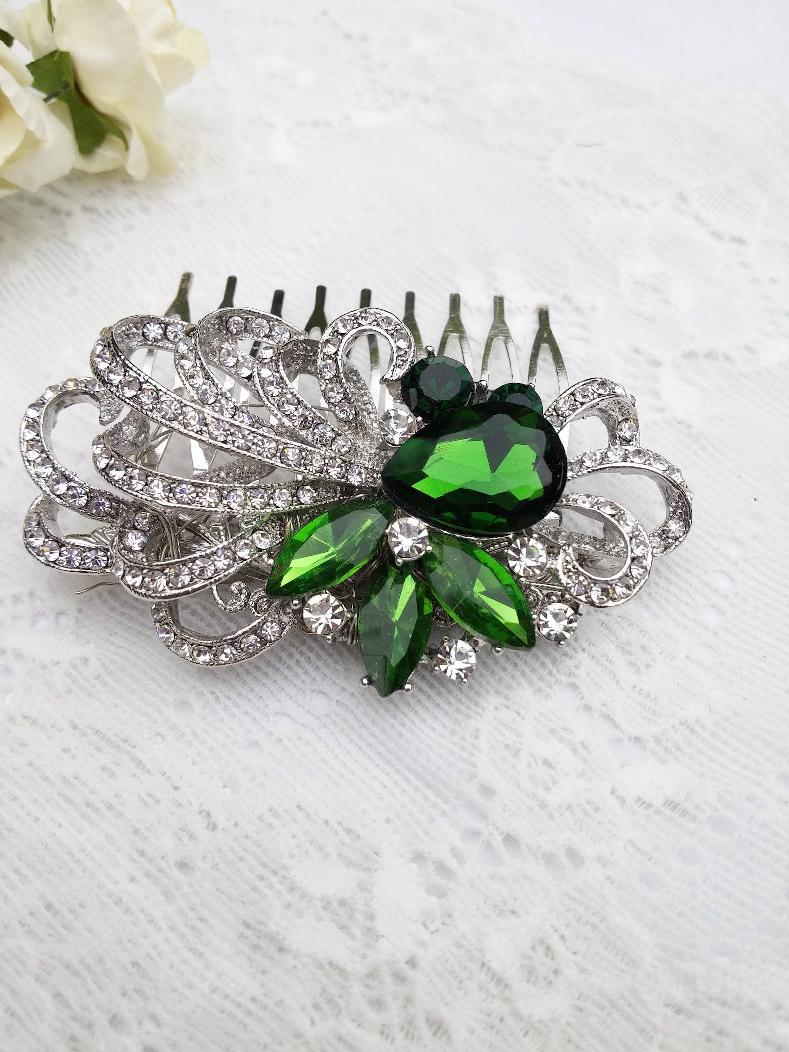 Green Crystal Hair Comb Crystal Green Hair Pin Vintage Hair Etsy