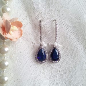 Sapphire blue earrings, pearl bridal earrings, blue wedding jewelry, sapphire earrings, bridal jewellery, chandalier earrings OOAK