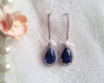 Sapphire blue earrings, pearl bridal earrings, blue wedding jewelry, sapphire earrings, bridal jewellery, chandalier earrings OOAK