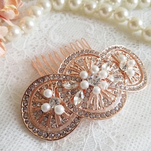 Big Art Deco styled rose gold hair comb with pearls, Edwardian rose golden hair comb Vintage inspired 1930s wedding