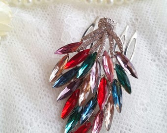 Rainbow crystal Hair Comb, colour headpiece, colour rhinestone hair comb, wedding hair comb, rainbow crystal hair comb, colourful leaf