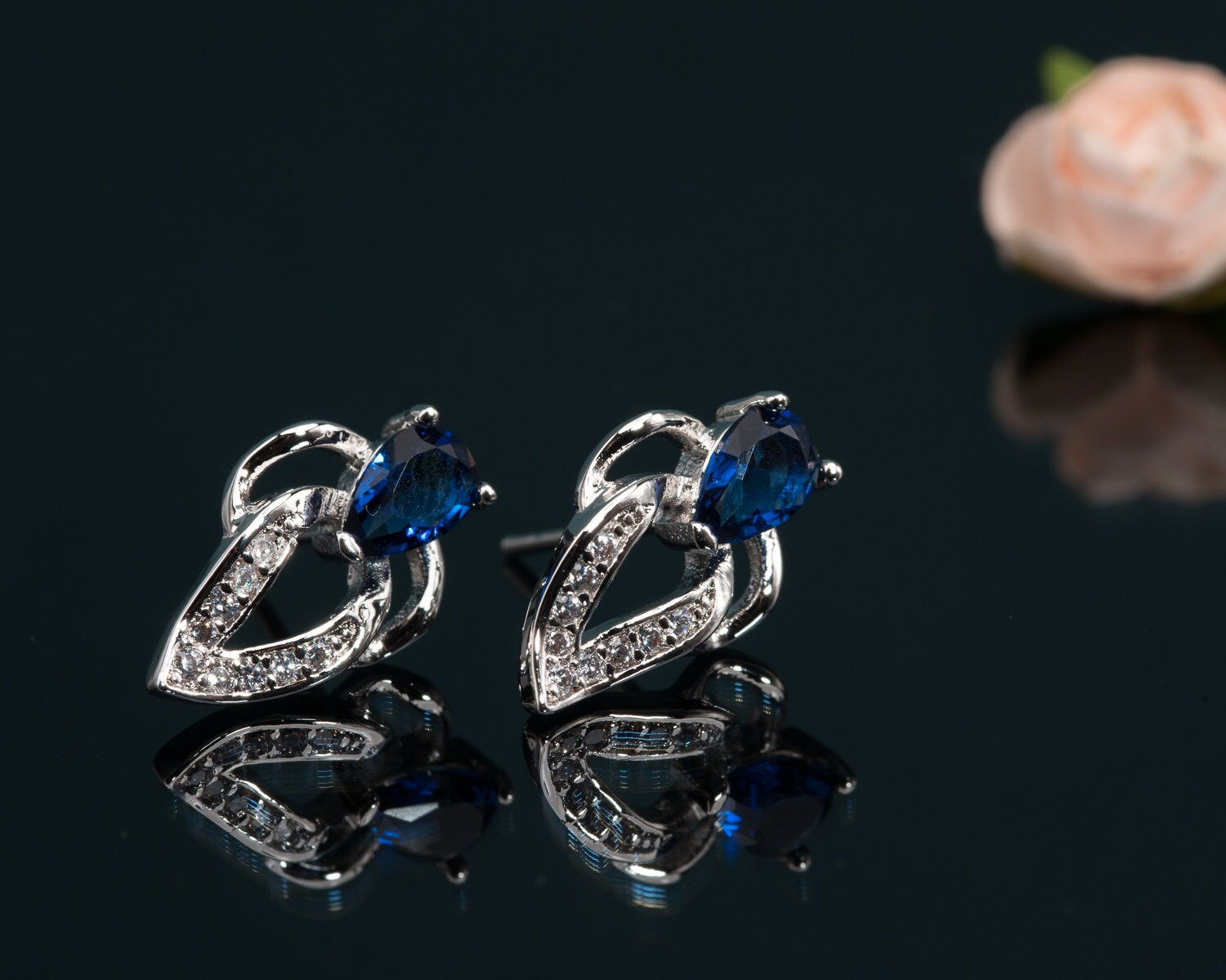 Sapphire blue stud bridal earrings cubic zirconia wedding | Etsy