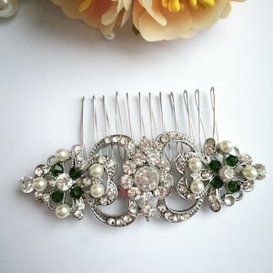 Silver hair clip with pearls and green beads, CZ wedding hair comb, clear crystal bridal comb, crystal wedding, Sparkly wedding 24