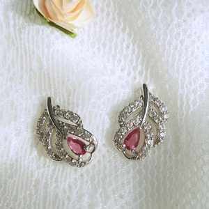 Garnet pink stud bridal earrings, peacock feather earrings,  cubic zirconia earrings, crystal earrings , wedding jewellery, bride jewelry