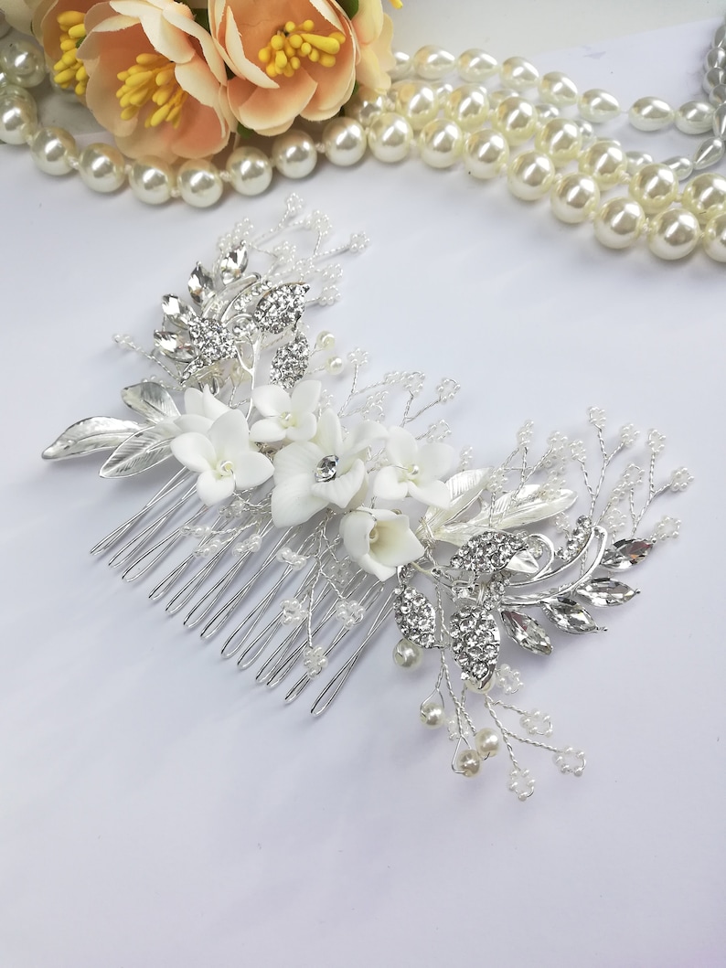 wedding Hair comb white flowers headpiece Pearl bridal comb 13 Silver hair piece with white flowers crystal pearls Hair Comb