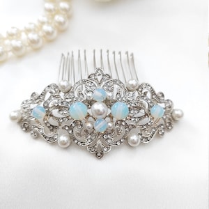 Silver opal Hair Comb, Edwardian Haircomb, milky opal vintage headpiece, Downton Abbey wedding hair comb, opal Pearl crystals bridal clip