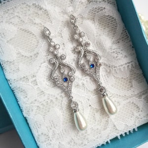 Art Deco earrings with pearls sapphire blue bridal earrings Bride chandalier blue Earrings something blue for bride pearl wedding jewelry