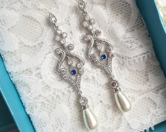 Art Deco earrings with pearls sapphire blue bridal earrings Bride chandalier blue Earrings something blue for bride pearl wedding jewelry