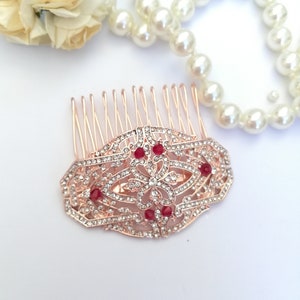 Rose Gold Hair Comb with red crystals Small pink Gold garnet red hair clip 20&#39;s 30&#39;s Dark red wine Wedding Bridesmaid Art Deco headpiece