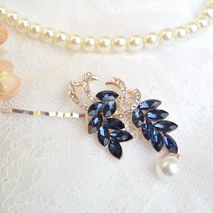 Sapphire Pearl gold Hair pin blue Pearl hair Clip, sapphire hair pin with pearl pendant Dark blue pearl bridal hair grip Something Blue