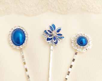 Blue Pearl set of 3 Hair Pins with Rhinestones and Delicate Blue Flower