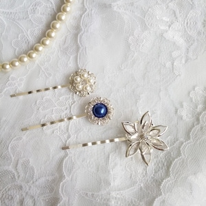 Pearl blue hair pin, jewel hair pin, blue wedding hair piece, blue flower bridal pin, blue hair pin, Marie Antoinette, OOAK something blue