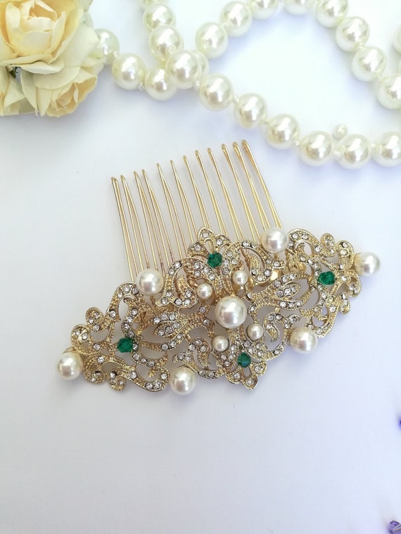 Gold emerald green crystal pearls Hair Comb Edwardian Hair comb vintage headpiece Downton Abbey wedding Emerald green bridal hair clip