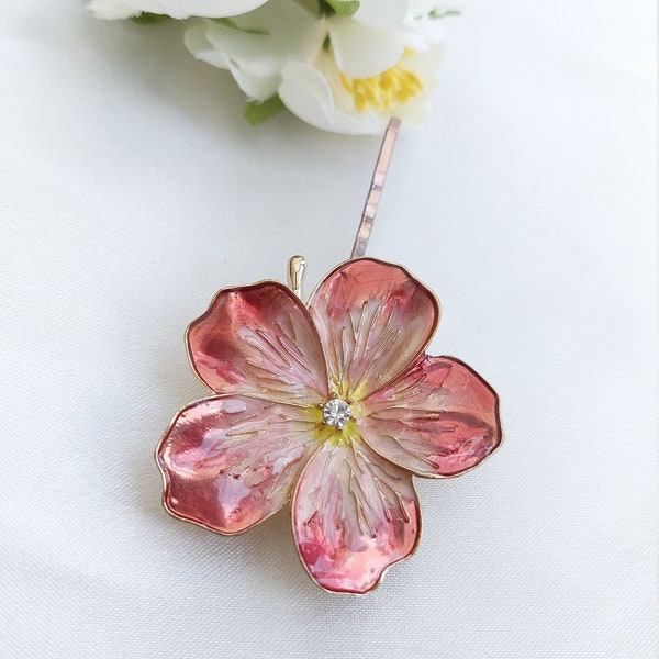 Blush flower hair pin Peach pink hair clip Enamel flower hair piece Big flower hair pin Metal flower hair slide Unusual hair pin